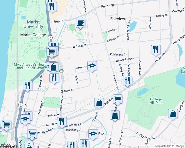map of restaurants, bars, coffee shops, grocery stores, and more near in Poughkeepsie