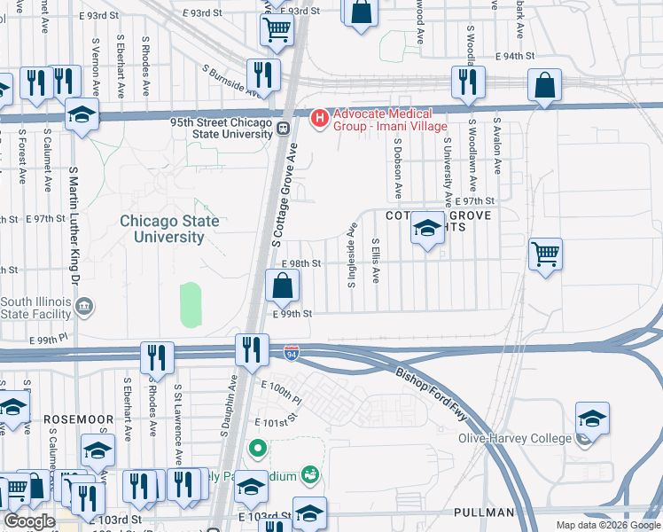 map of restaurants, bars, coffee shops, grocery stores, and more near 9801 South Drexel Avenue in Chicago
