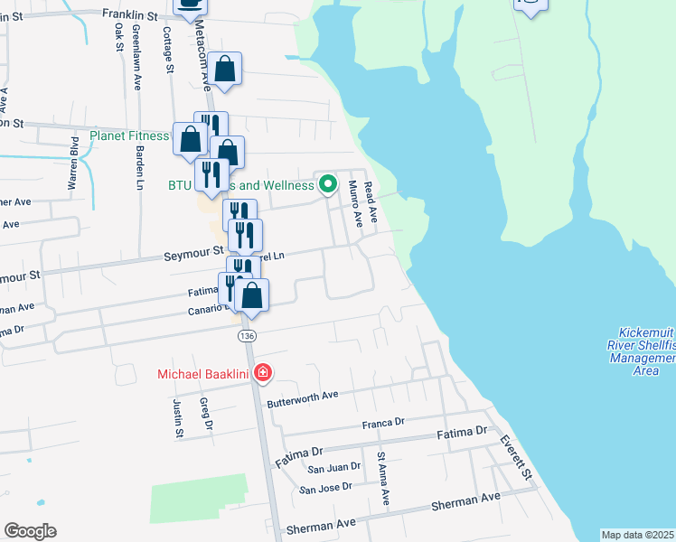 map of restaurants, bars, coffee shops, grocery stores, and more near 27 Laurel Lane in Warren