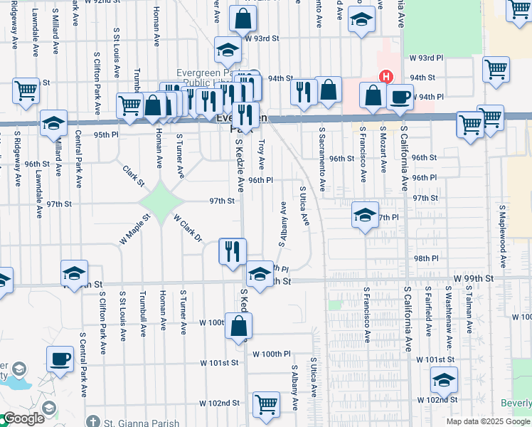 map of restaurants, bars, coffee shops, grocery stores, and more near 9659 Troy Avenue in Evergreen Park