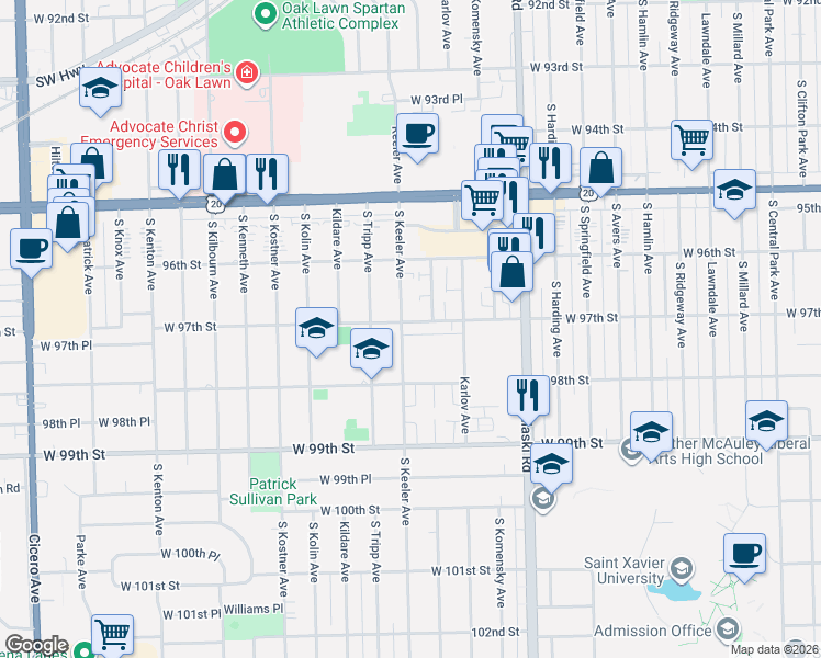 map of restaurants, bars, coffee shops, grocery stores, and more near 9701 South Keeler Avenue in Oak Lawn