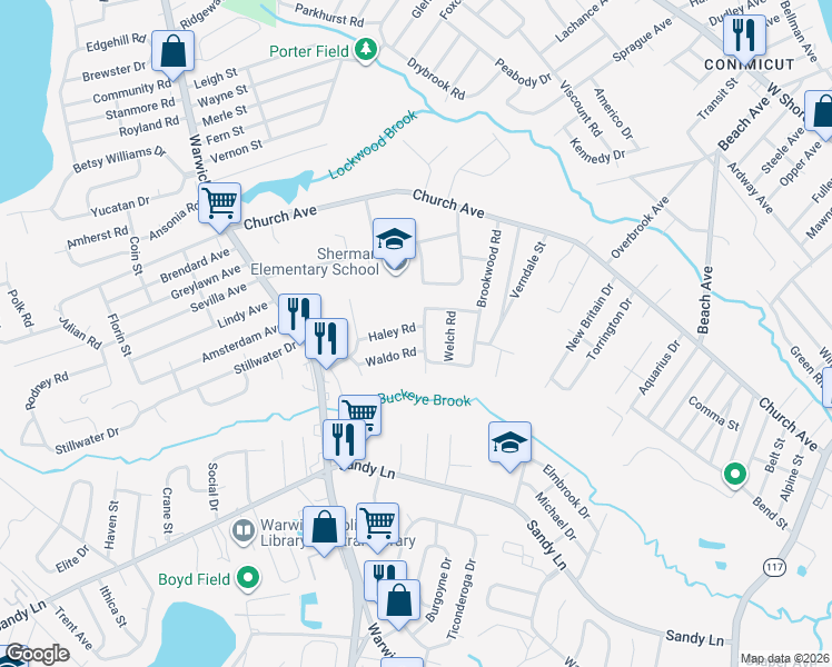 map of restaurants, bars, coffee shops, grocery stores, and more near 10 Haley Road in Warwick