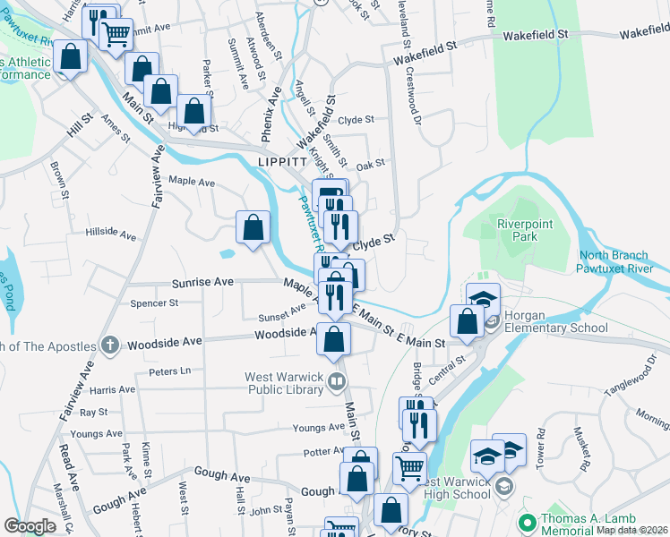 map of restaurants, bars, coffee shops, grocery stores, and more near 953 Main Street in West Warwick