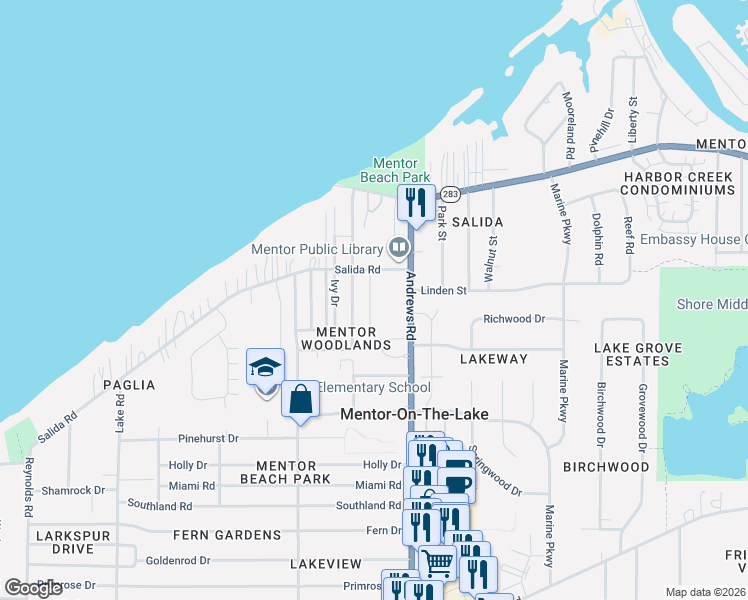 map of restaurants, bars, coffee shops, grocery stores, and more near 5687 Anna Court in Mentor-on-the-Lake