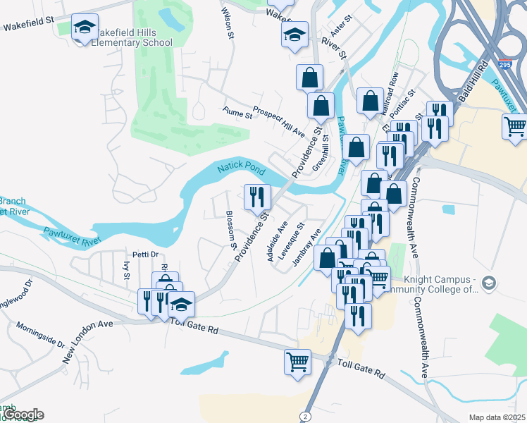 map of restaurants, bars, coffee shops, grocery stores, and more near 582 Providence Street in West Warwick
