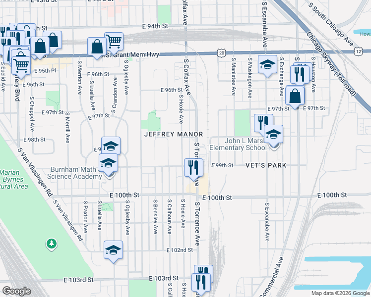 map of restaurants, bars, coffee shops, grocery stores, and more near 9821 South Hoxie Avenue in Chicago