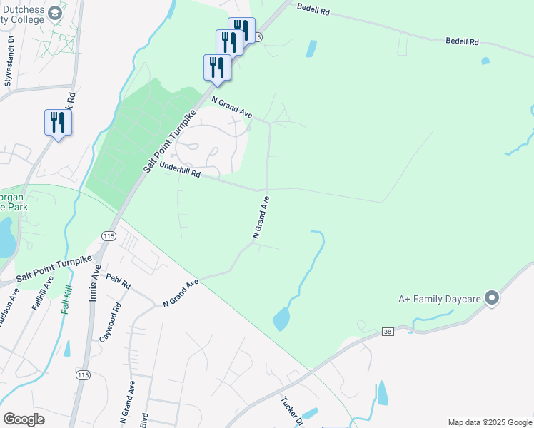 map of restaurants, bars, coffee shops, grocery stores, and more near 282 North Grand Avenue in Poughkeepsie