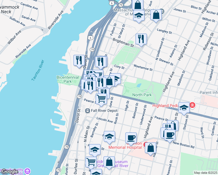 map of restaurants, bars, coffee shops, grocery stores, and more near 1114 North Main Street in Fall River