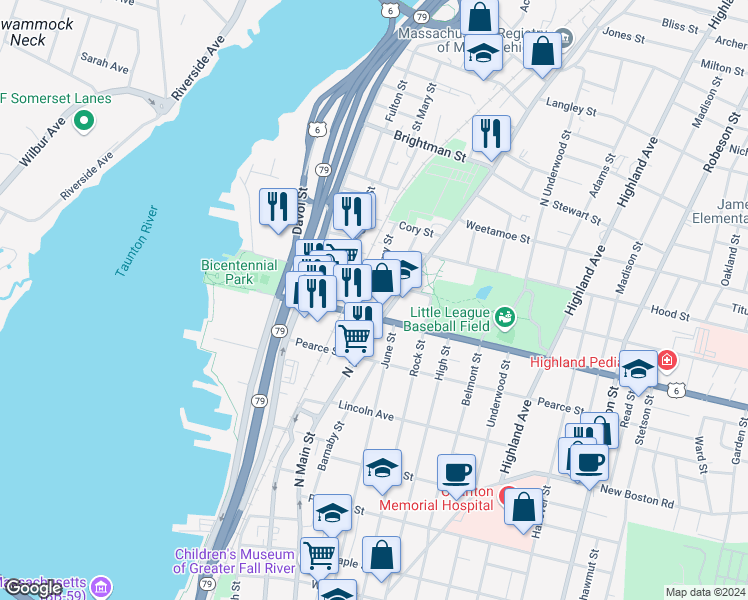 map of restaurants, bars, coffee shops, grocery stores, and more near 31 Thompson Street in Fall River