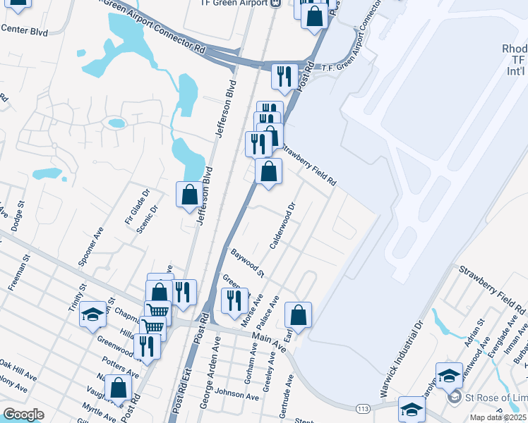 map of restaurants, bars, coffee shops, grocery stores, and more near 60 Fisher Avenue in Warwick