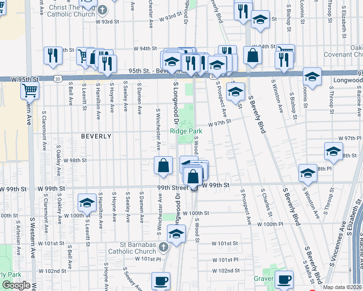 map of restaurants, bars, coffee shops, grocery stores, and more near 9731 South Longwood Drive in Chicago