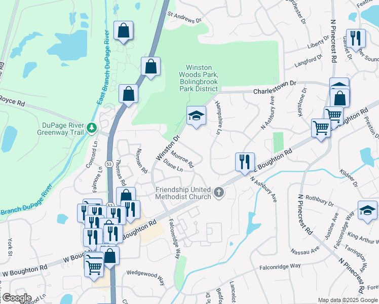 map of restaurants, bars, coffee shops, grocery stores, and more near 225 Douglass Way in Bolingbrook