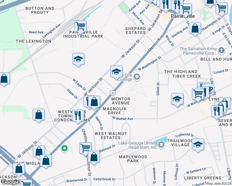 map of restaurants, bars, coffee shops, grocery stores, and more near 545 Mentor Avenue in Painesville