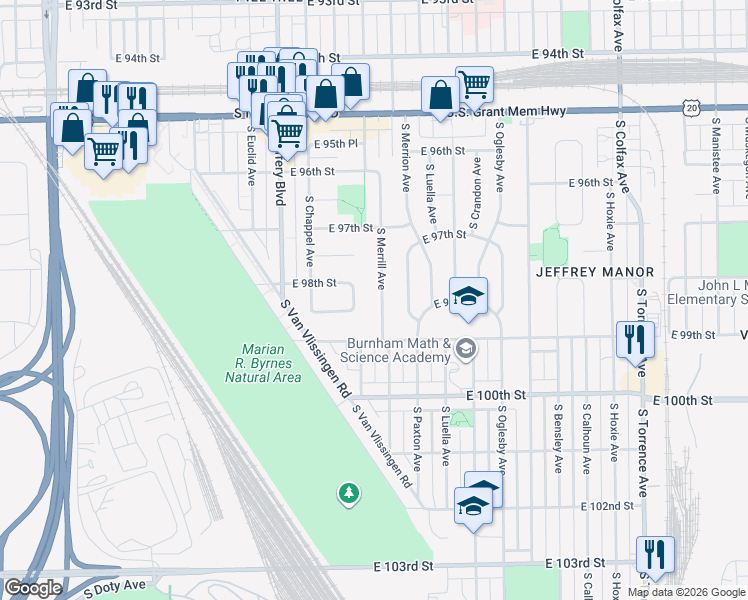 map of restaurants, bars, coffee shops, grocery stores, and more near 9816 South Merrill Avenue in Chicago
