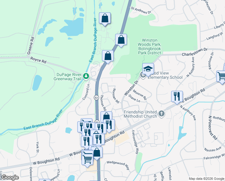 map of restaurants, bars, coffee shops, grocery stores, and more near 577 Norman Road in Bolingbrook