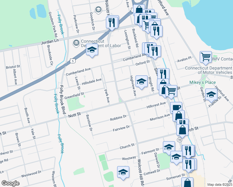 map of restaurants, bars, coffee shops, grocery stores, and more near 183 Wolcott Hill Road in Wethersfield