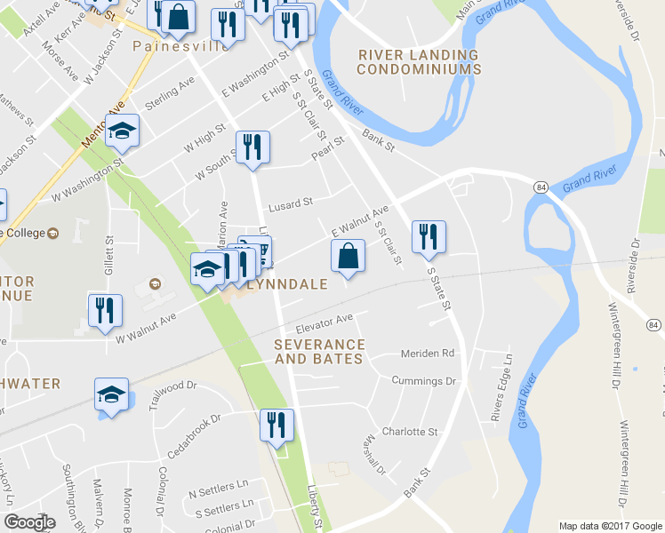 map of restaurants, bars, coffee shops, grocery stores, and more near 506 Hoyt Street in Painesville