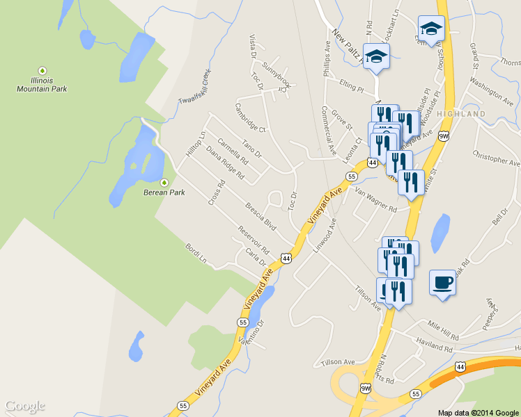 map of restaurants, bars, coffee shops, grocery stores, and more near 18 Brescia Blvd in Highland