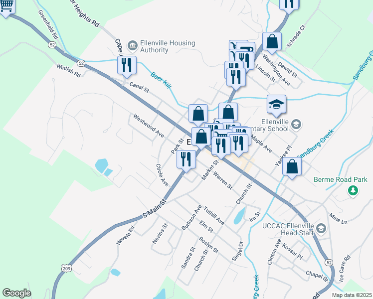 map of restaurants, bars, coffee shops, grocery stores, and more near 14 Warren Street in Ellenville