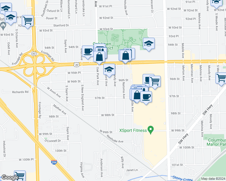 map of restaurants, bars, coffee shops, grocery stores, and more near 9630 Normandy Avenue in Oak Lawn