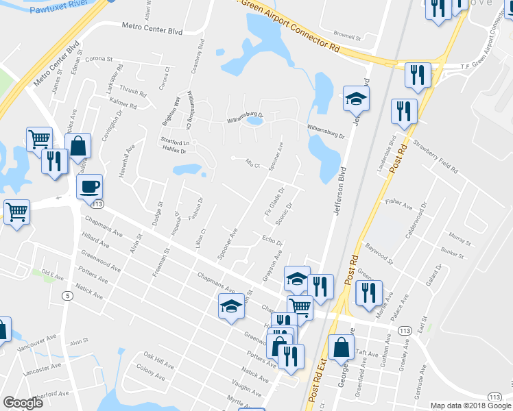 map of restaurants, bars, coffee shops, grocery stores, and more near 136 Spooner Avenue in Warwick