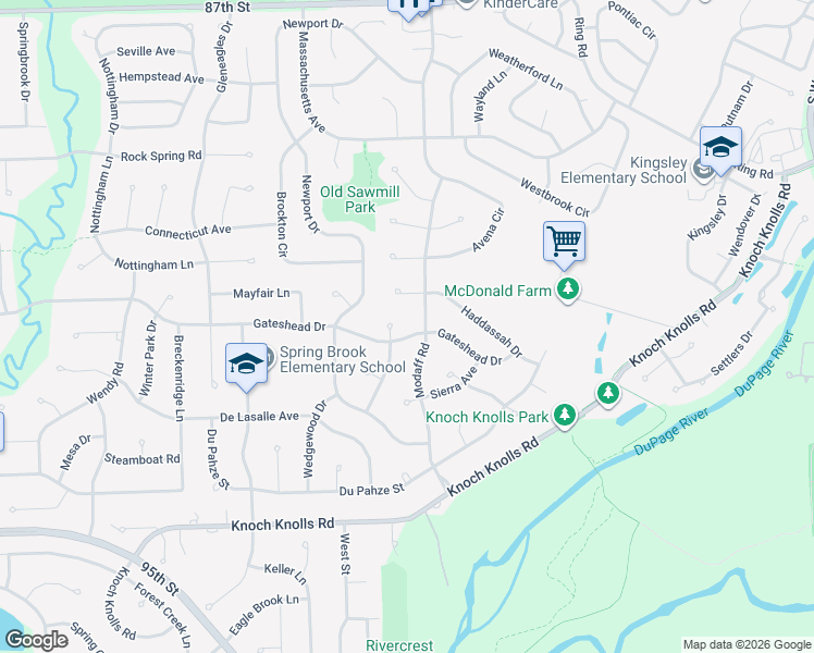 map of restaurants, bars, coffee shops, grocery stores, and more near 405 Gateshead Drive in Naperville