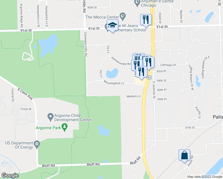 map of restaurants, bars, coffee shops, grocery stores, and more near 16 Mockingbird Lane in Burr Ridge