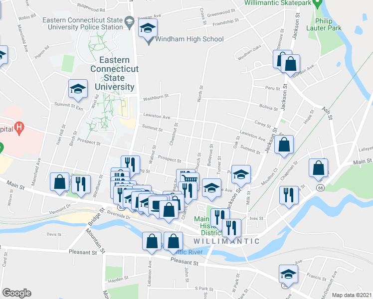 map of restaurants, bars, coffee shops, grocery stores, and more near 170 North Street in Windham