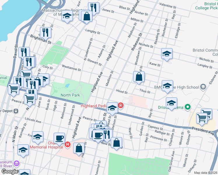 map of restaurants, bars, coffee shops, grocery stores, and more near 526 Hood Street in Fall River