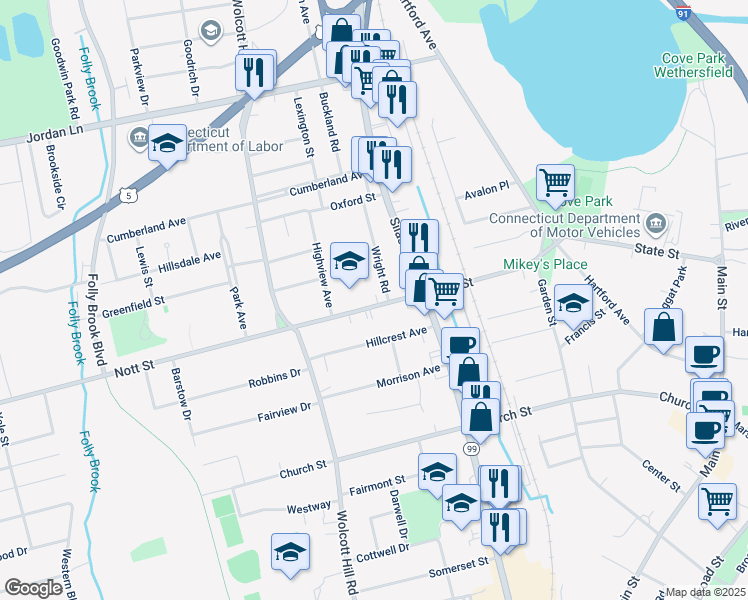 map of restaurants, bars, coffee shops, grocery stores, and more near 174 Nott Street in Wethersfield