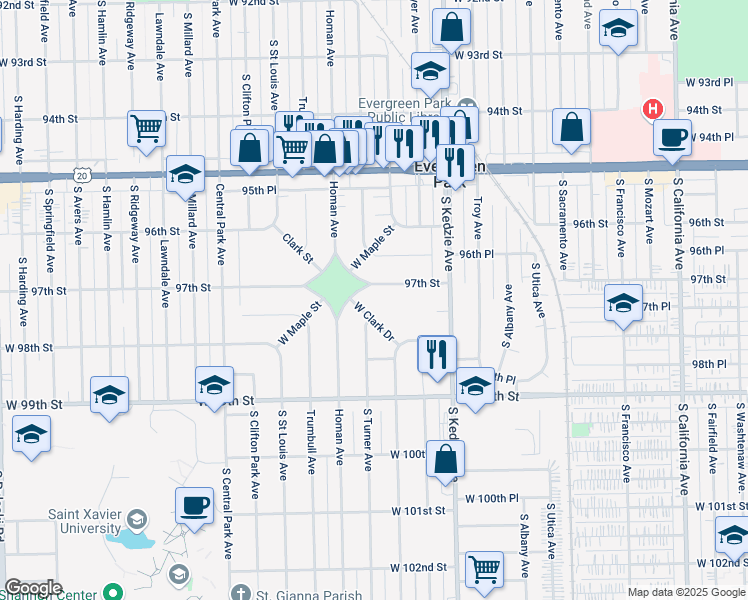 map of restaurants, bars, coffee shops, grocery stores, and more near 3313 West 97th Street in Evergreen Park
