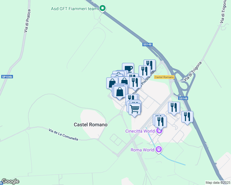 map of restaurants, bars, coffee shops, grocery stores, and more near 64 Via del Ponte di Piscina Cupa in Roma