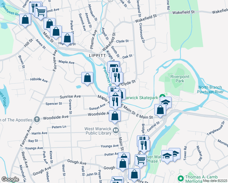 map of restaurants, bars, coffee shops, grocery stores, and more near 953 Main Street in West Warwick