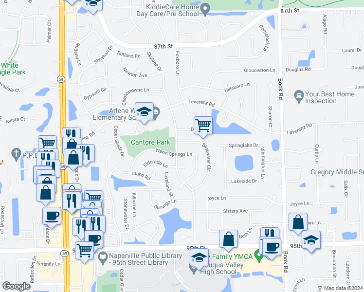 map of restaurants, bars, coffee shops, grocery stores, and more near 2708 Bluewater Circle in Naperville