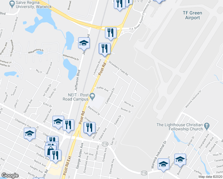 map of restaurants, bars, coffee shops, grocery stores, and more near 85 Calderwood Drive in Warwick