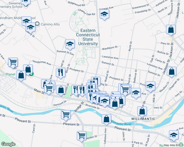 map of restaurants, bars, coffee shops, grocery stores, and more near 322 Prospect Street in Windham