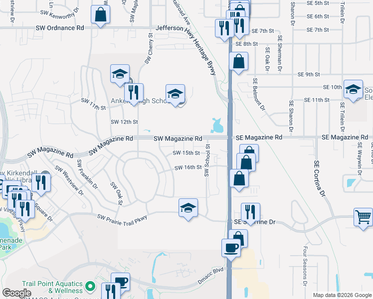 map of restaurants, bars, coffee shops, grocery stores, and more near 1412 Southwest Campus Lane in Ankeny