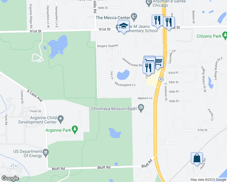 map of restaurants, bars, coffee shops, grocery stores, and more near 16W705 Mockingbird Lane in Willowbrook