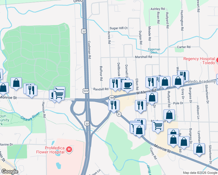 map of restaurants, bars, coffee shops, grocery stores, and more near 5635 Acres Road in Sylvania