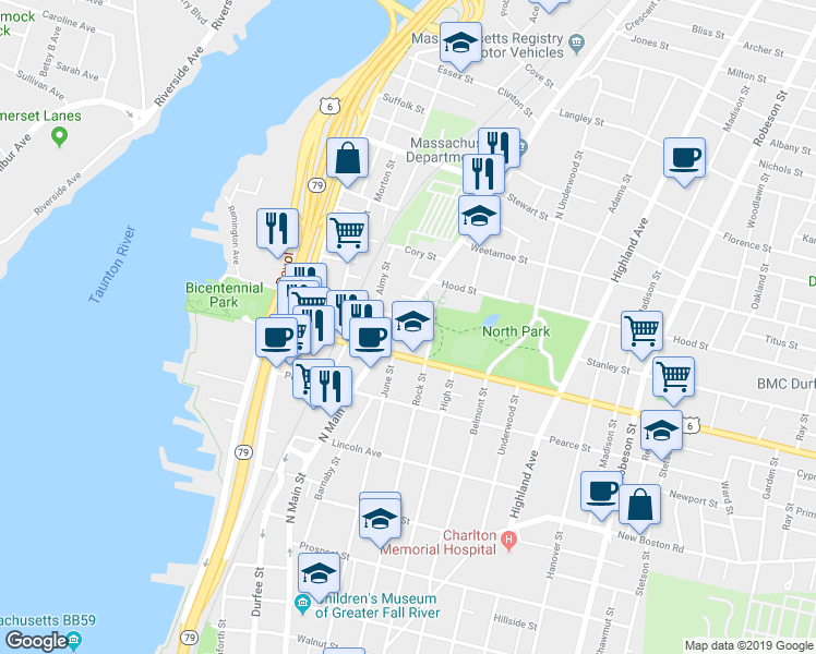 map of restaurants, bars, coffee shops, grocery stores, and more near 387 Brownell Street in Fall River