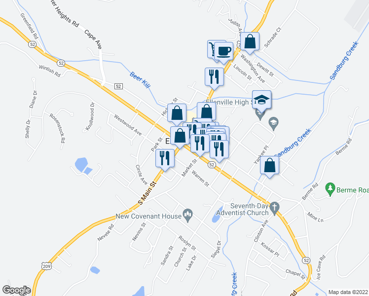 map of restaurants, bars, coffee shops, grocery stores, and more near 71 Center Street in Ellenville