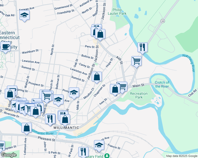 map of restaurants, bars, coffee shops, grocery stores, and more near 120 Hope Street in Windham