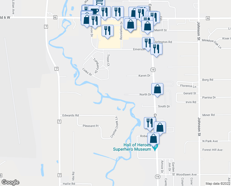 map of restaurants, bars, coffee shops, grocery stores, and more near 150 North Drive in Elkhart