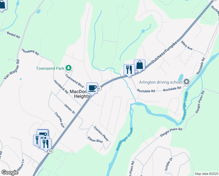 map of restaurants, bars, coffee shops, grocery stores, and more near 14 Whipple Way in Poughkeepsie