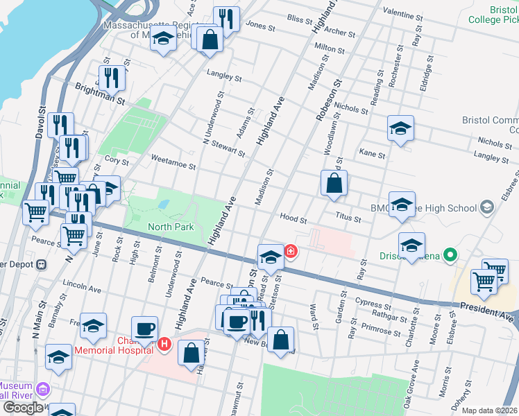 map of restaurants, bars, coffee shops, grocery stores, and more near 526 Hood Street in Fall River
