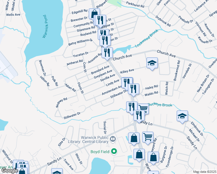 map of restaurants, bars, coffee shops, grocery stores, and more near 58 Lindy Avenue in Warwick