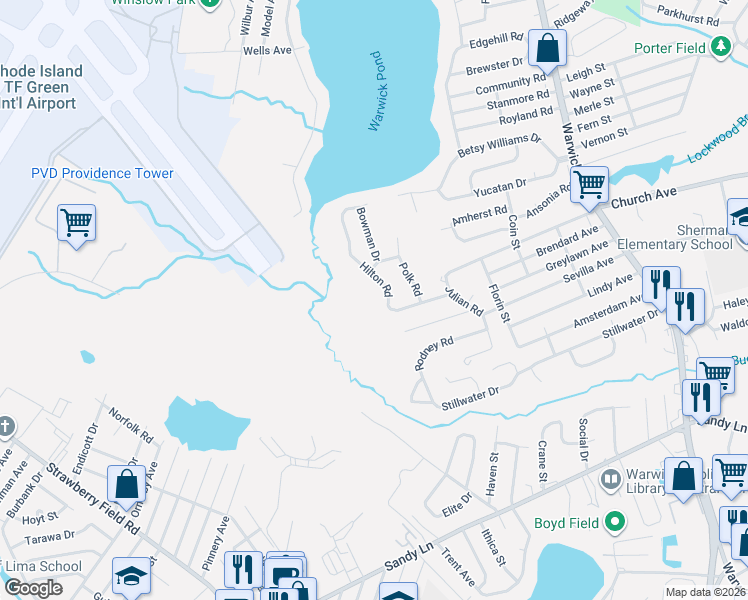 map of restaurants, bars, coffee shops, grocery stores, and more near 84 Hilton Road in Warwick