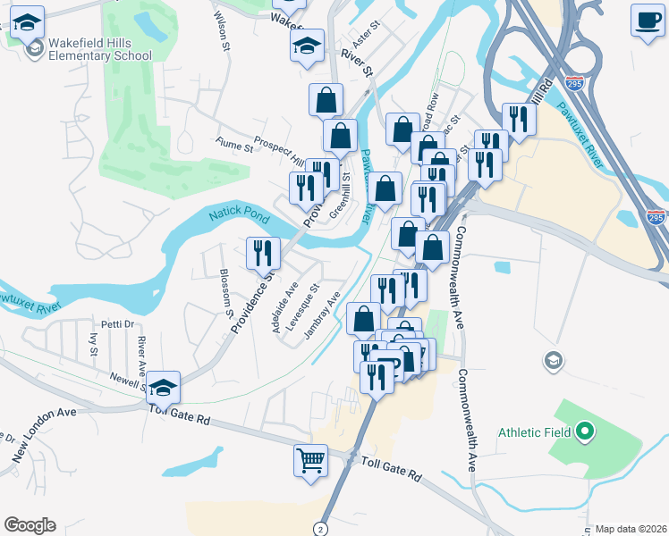 map of restaurants, bars, coffee shops, grocery stores, and more near 6 Odonnell Avenue in Warwick
