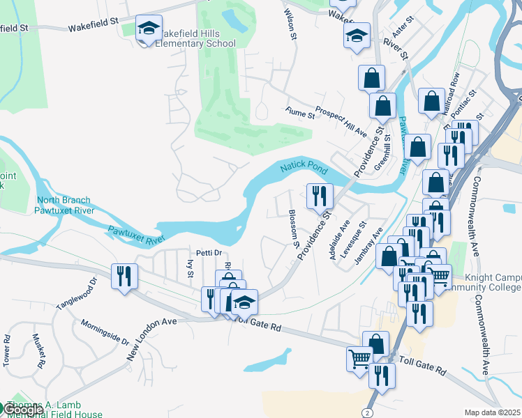map of restaurants, bars, coffee shops, grocery stores, and more near 111 Circle Drive in West Warwick