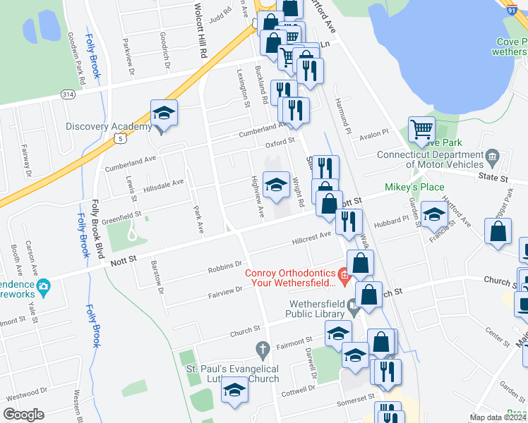 map of restaurants, bars, coffee shops, grocery stores, and more near 206 Nott Street in Wethersfield
